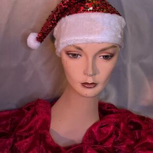 Red Sequin Santa Hat with White Trim